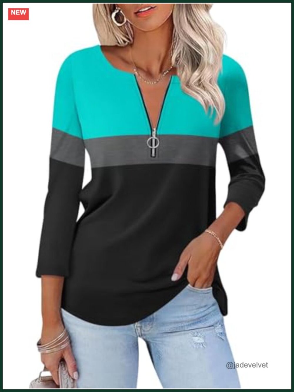 Womens 3/4 Sleeve Zip Up Color Block T-Shirt Casual Cotton Blend Pullover